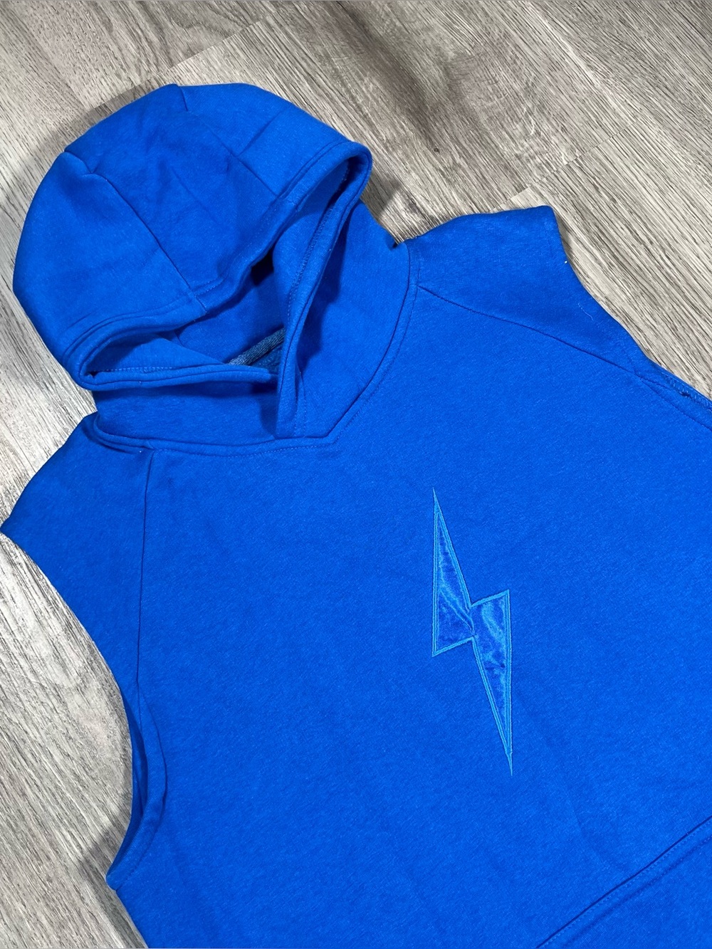 BRUCE BOLT Hoodie Sweatshirt Sleeveless Mens XL Blue Lightning Baseball Tank